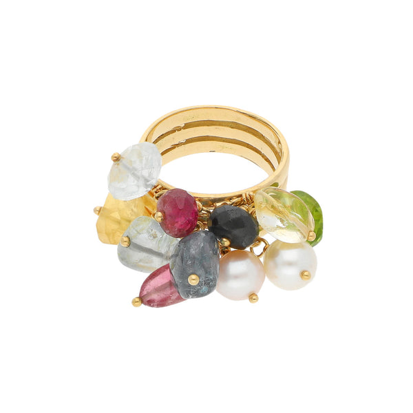 Anillo diseño especial firma Tous con perlas y cuarzos en oro amarillo 18 kilates.