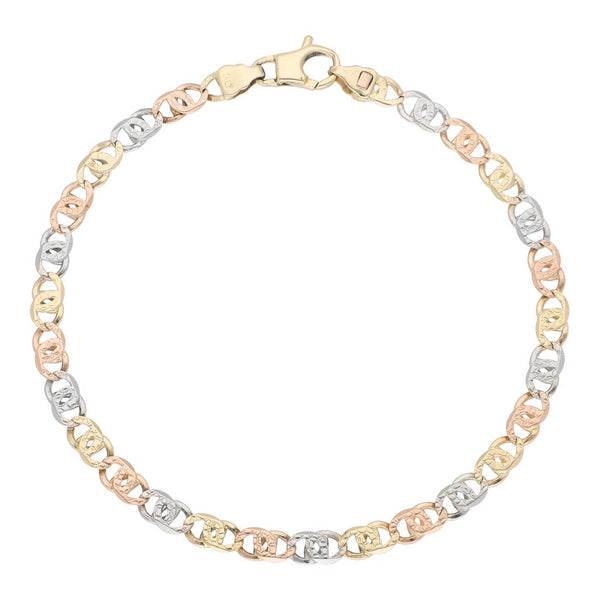 Pulsera eslabón nudo egipcio en oro tres tonos 14 kilates.