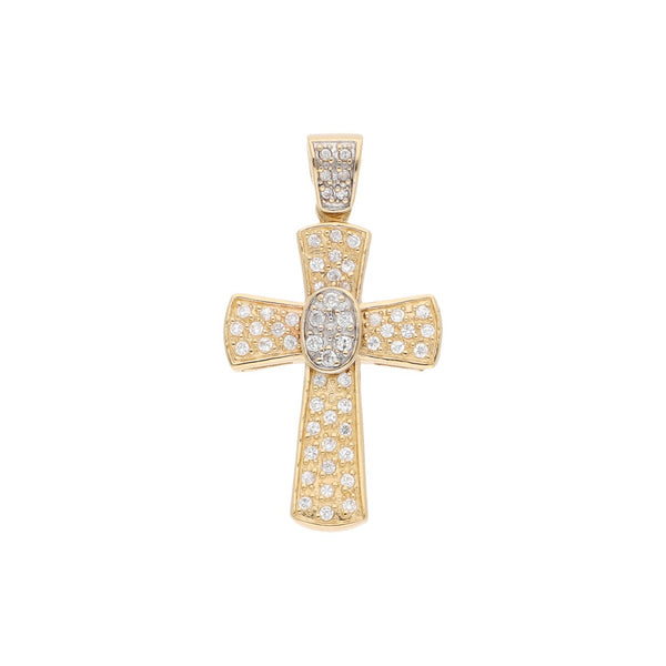 Cruz diseño especial con sintéticos en oro dos tonos 14 kilates.