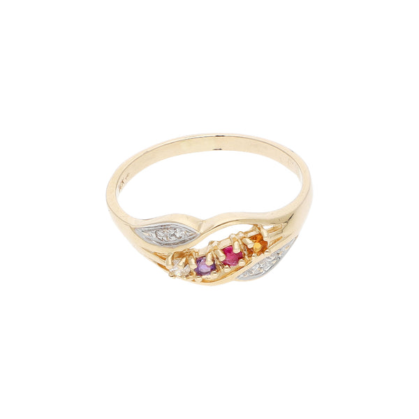 Anillo diseño especial con diamantes y sintéticos en oro amarillo 14 kilates.