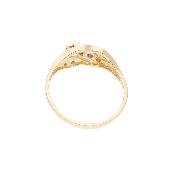 Anillo diseño especial con diamantes y sintéticos en oro amarillo 14 kilates.