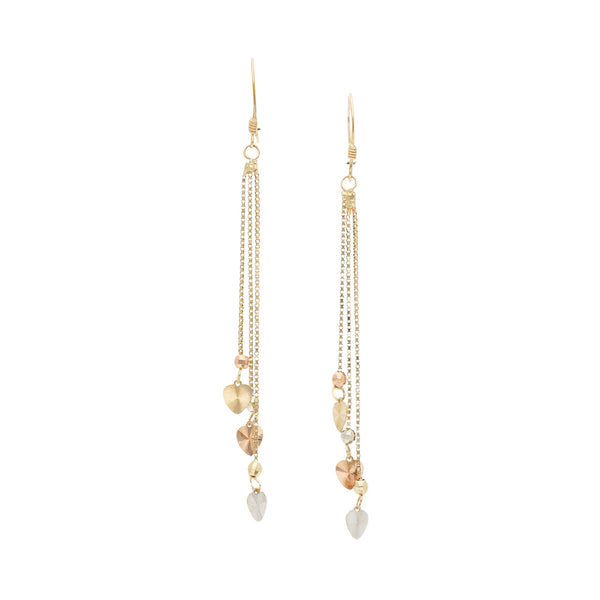 Aretes diseño especial con colgantes motivo corazón en oro tres tonos 14 kilates.