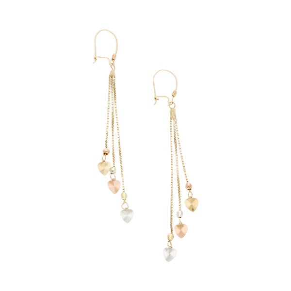 Aretes diseño especial con colgantes motivo corazón en oro tres tonos 14 kilates.