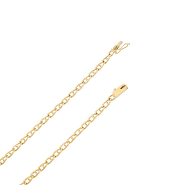 Collar eslabón nudo marino con aplicación y colgante motivo felinos con diamantes y perla en oro amarillo 18 kilates.