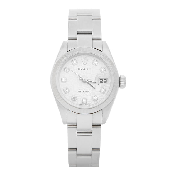 Reloj Rolex para dama modelo DateJust bisel en oro blanco 14 kilates.