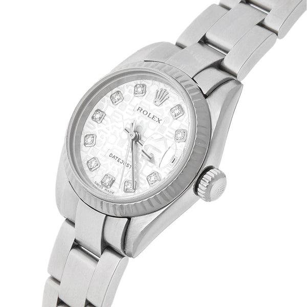 Reloj Rolex para dama modelo DateJust bisel en oro blanco 14 kilates.