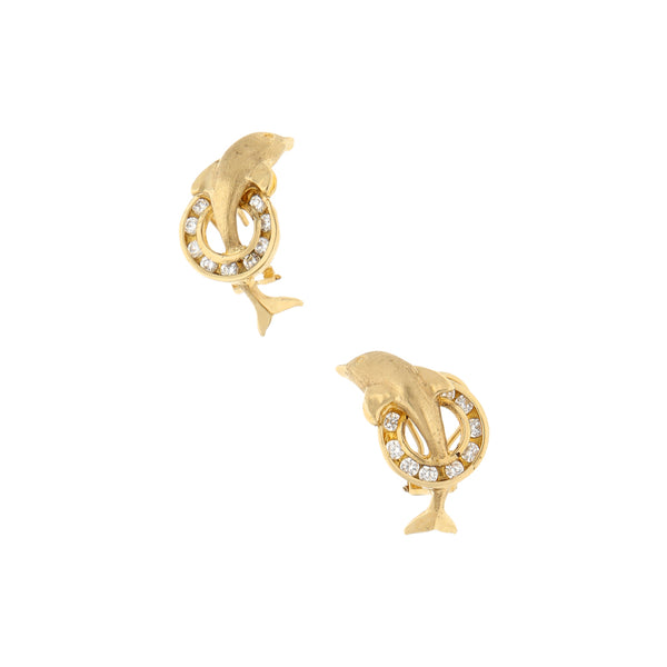 Aretes diseño especial con sintéticos motivo delfín en oro amarillo 14 kilates.