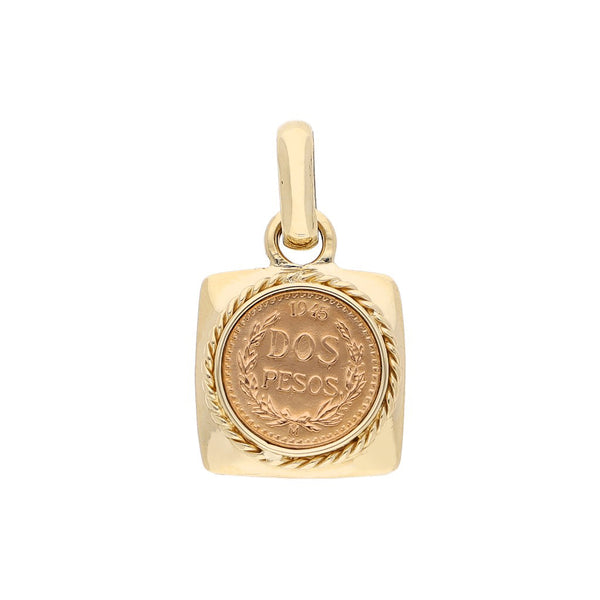 Dije diseño especial con una moneda de dos pesos oro mexicano 21.6 kilates en oro amarillo 14 kilates.