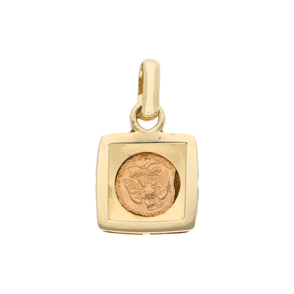 Dije diseño especial con una moneda de dos pesos oro mexicano 21.6 kilates en oro amarillo 14 kilates.
