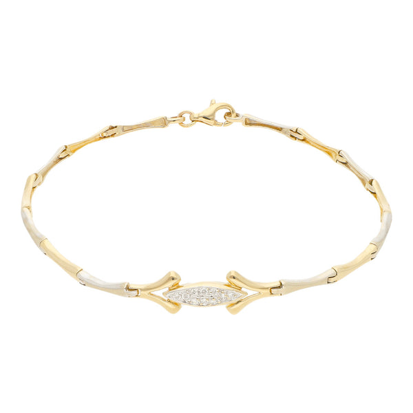 Pulsera eslabón articulado con aplicación de sintéticos en oro dos tonos 14 kilates.