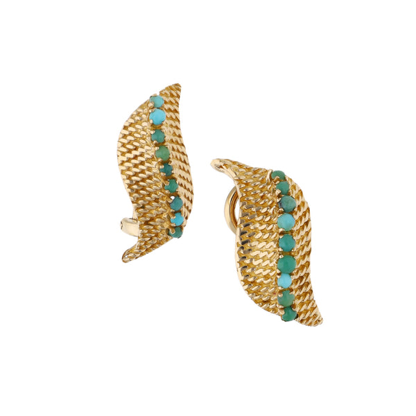 Aretes diseño especial con turquesas en oro amarillo 14 kilates.