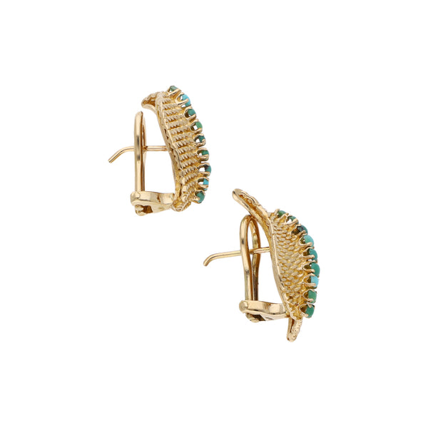 Aretes diseño especial con turquesas en oro amarillo 14 kilates.