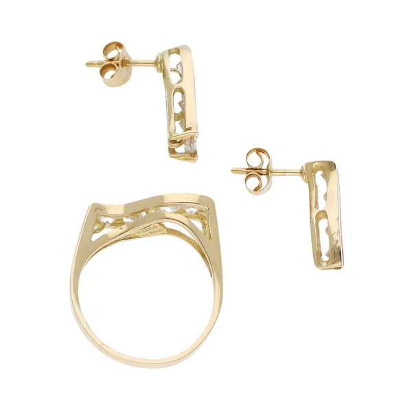 Juego de anillo y aretes con sintéticos en oro amarillo 14 kilates.