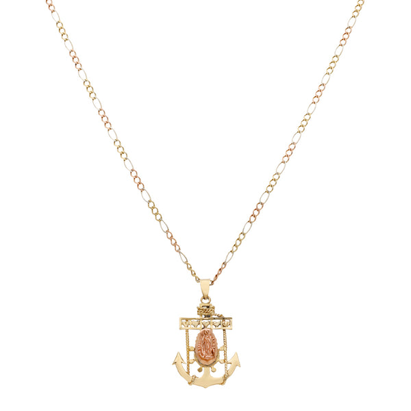 Collar de tres eslabones por uno y medalla tipo ancla motivo Virgen de Guadalupe en oro tres tonos 14 kilates.