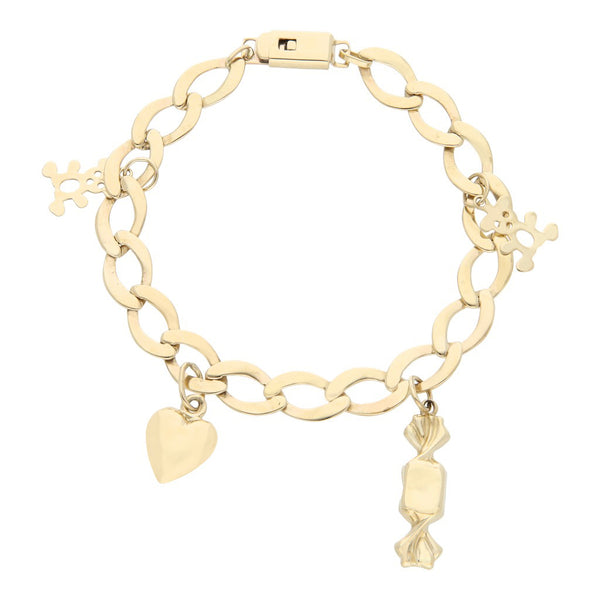 Pulsera eslabón encontrado con colgantes motivo figuras diferentes en oro amarillo 14 kilates.