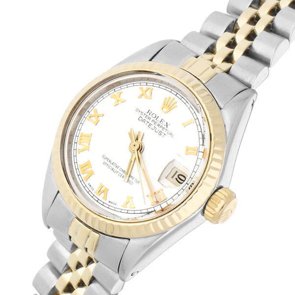 Reloj Rolex para dama modelo Oyster Perpetual Date vistas en oro amarillo 14 kilates.