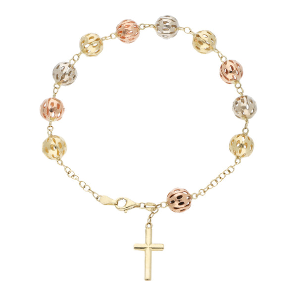 Pulsera eslabón cruzado con aplicaciones y colgante motivo cruz en oro tres tonos 14 kilates.