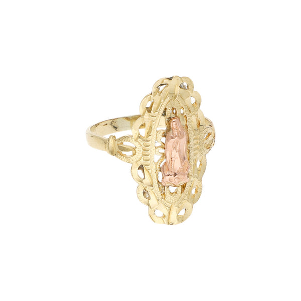 Anillo calado motivo Virgen de Guadalupe en oro dos tonos 14 kilates.