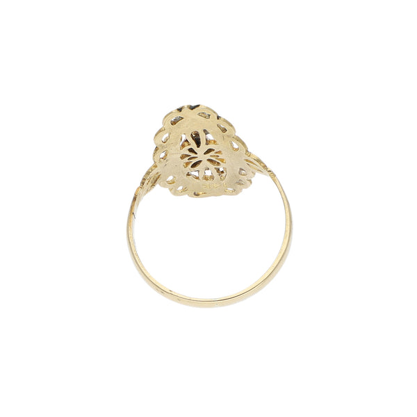 Anillo calado motivo Virgen de Guadalupe en oro dos tonos 14 kilates.