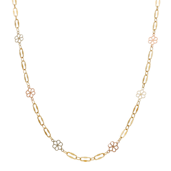 Collar eslabón combinado con aplicaciones motivo flor en oro tres tonos 14 kilates.