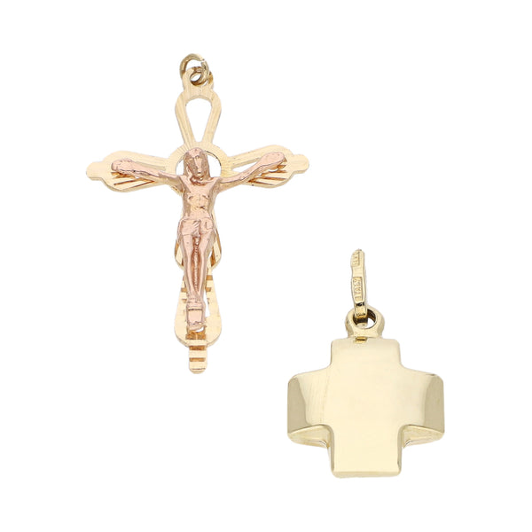 Cruz y crucifijo diseño especial en oro dos tonos 14 kilates.