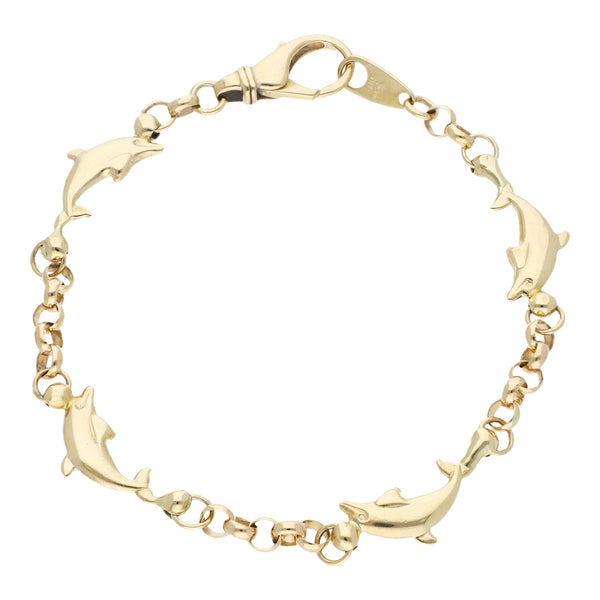 Pulsera eslabón combinado con aplicaciones motivo delfín en oro amarillo 14 kilates.
