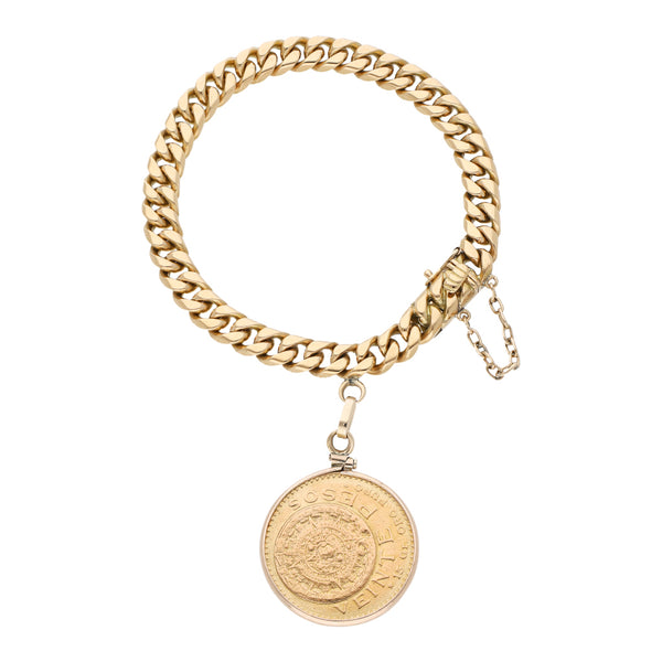 Pulsera eslabón encontrado con colgante moneda de veinte pesos oro mexicano 21.6 kilates en oro amarillo 18 kilates.