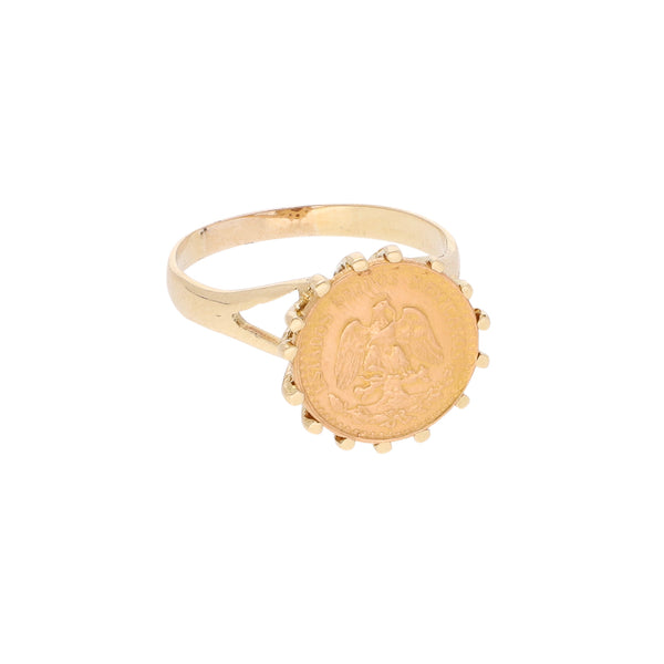 Anillo diseño especial con una moneda de dos pesos oro mexicano 21.6 kilates en oro amarillo 14 kilates.