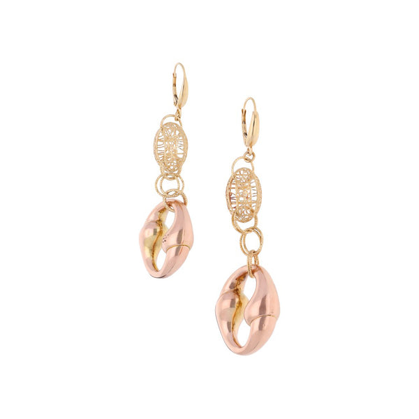 Aretes diseño especial en oro dos tonos 14 kilates.