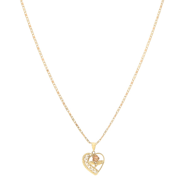 Collar eslabón nudo marino y dije calado motivo corazón en oro tres tonos 14 kilates.