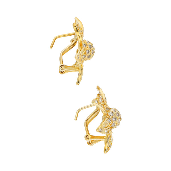 Aretes diseño especial con sintéticos motivo flor en oro amarillo 14 kilates.