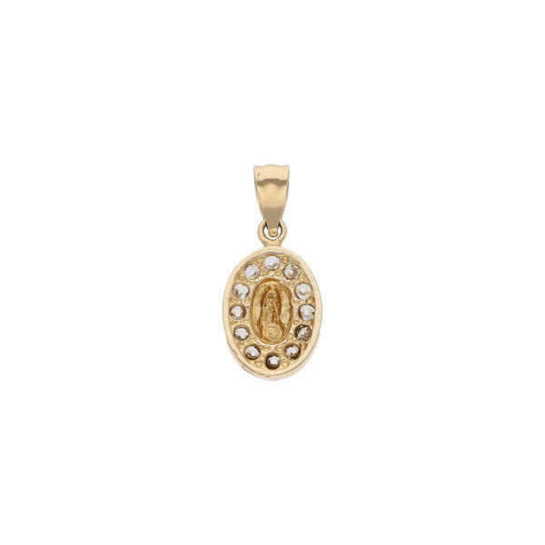 Medalla diseño especial motivo Virgen de Guadalupe con sintético en oro amarillo 14 kilates.
