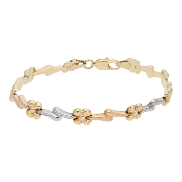 Pulsera eslabón articulado motivo flores en oro amarillo 14 kilates.