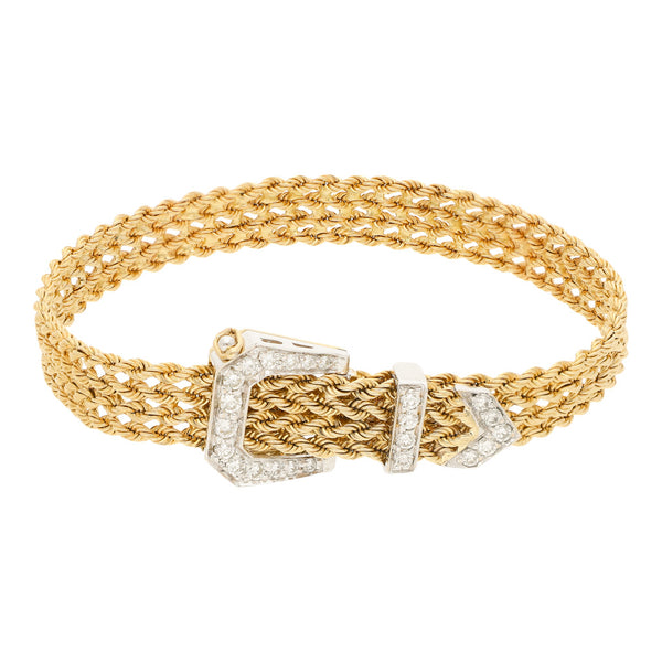 Pulsera eslabón trenzado motivo cinturón con diamantes en oro dos tonos 14 kilates.