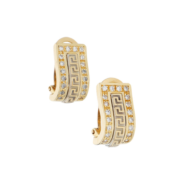 Aretes diseño especial con sintéticos motivo grecas en oro amarillo 14 kilates.