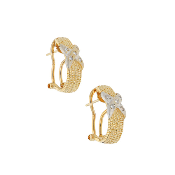 Aretes diseño especial con sintéticos en oro dos tonos 14 kilates.