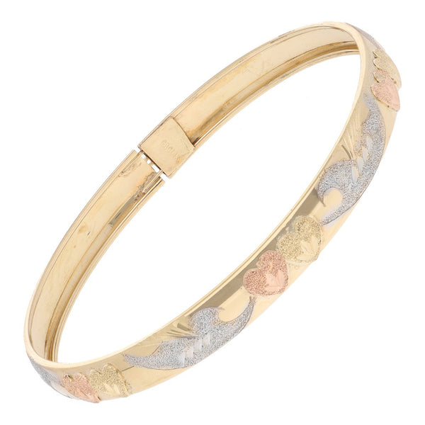 Pulsera de arillo labrada en oro tres tonos 14 kilates.