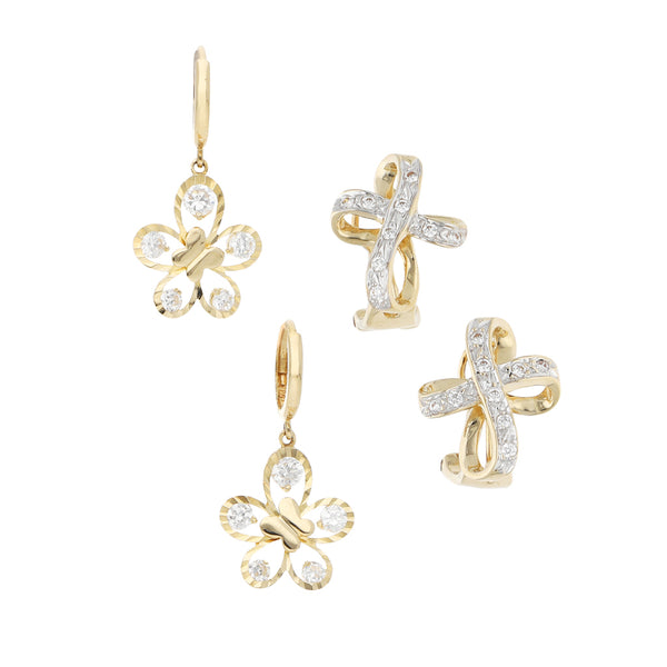 Dos aretes calados con sintéticos en oro amarillo 12 kilates.