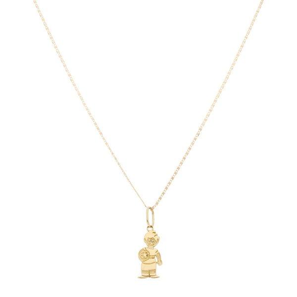 Collar eslabón nudo marino y dije diseño especial motivo niño en oro tres tonos 14 kilates.