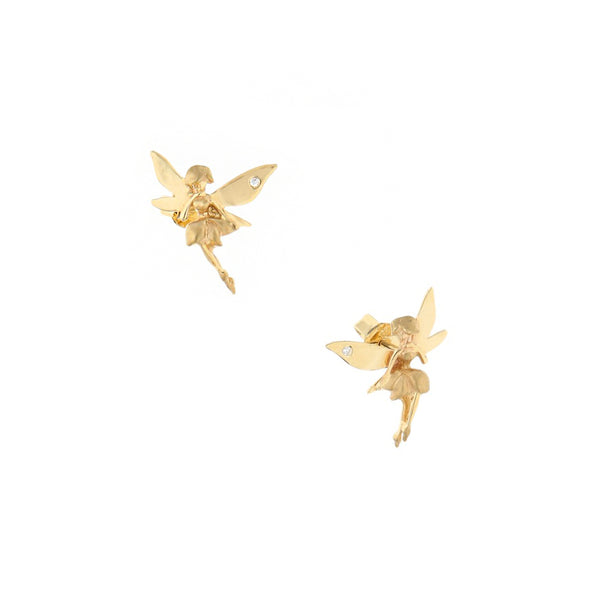 Broqueles diseño especial motivo hadas con circonias en oro amarillo 14 kilates.