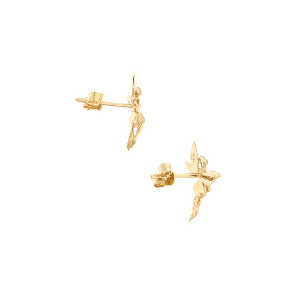 Broqueles diseño especial motivo hadas con circonias en oro amarillo 14 kilates.