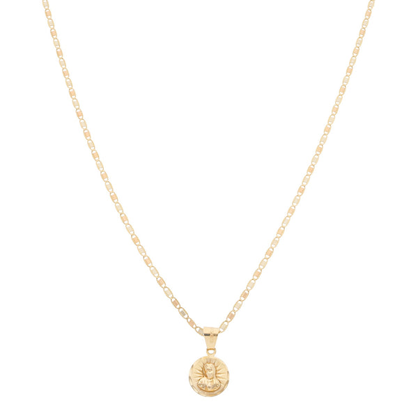Collar eslabón nudo marino y medalla motivo Virgen de Guadalupe en oro tres tonos 14 kilates.