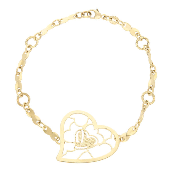 Pulsera eslabón combinado con aplicación motivo corazón en oro amarillo 14 kilates.