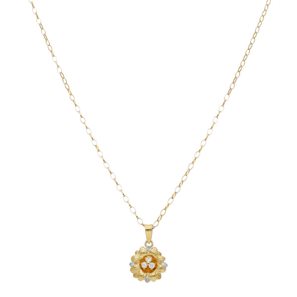Gargantilla eslabón cruzado y dije diseño especial motivo flor en oro amarillo 14 kilates.