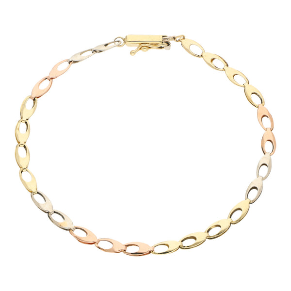 Pulsera eslabón laminado en oro tres tonos 14 kilates.