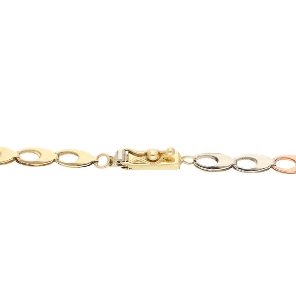 Pulsera eslabón laminado en oro tres tonos 14 kilates.