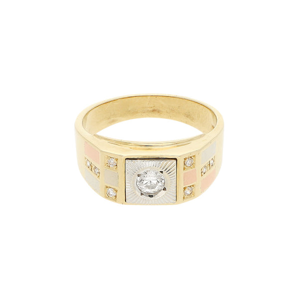 Anillo tipo sello con circonias en oro tres tonos 14 kilates.