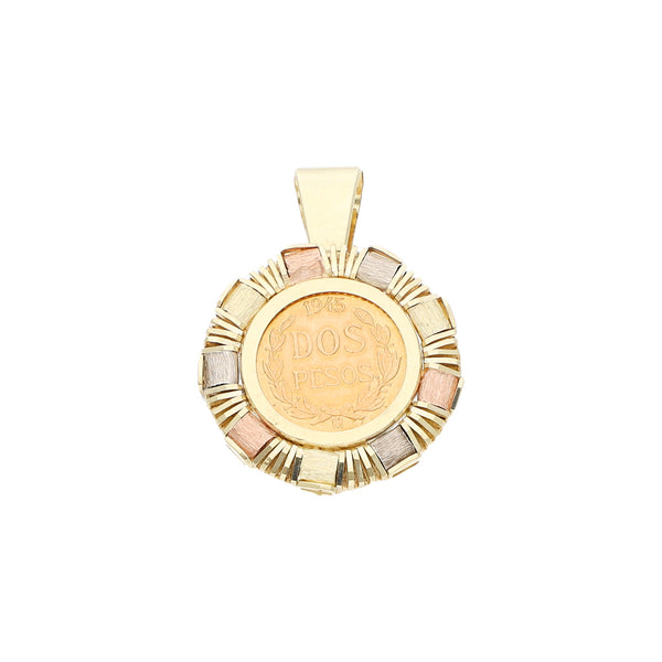 Dije diseño especial con moneda de dos pesos oro mexicano 21.6 kilates en oro tres tonos 14 kilates.