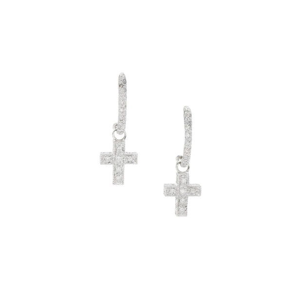 Broqueles estilizados motivo cruz con diamantes en oro blanco 14 kilates.