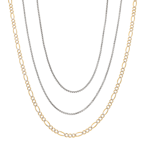 Dos collares y una gargantilla eslabones diferentes en oro dos tonos 14 kilates.